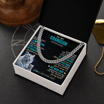 Cuban Link Chain Necklace Stainless Steel | 2 | Personalized To My Grandson Gifts From Grandma Grandpa Necklace White Tiger Never Forget How Much I Love You Grandson Birthday Christmas Gift Box Message Card | teecentury.myshopify