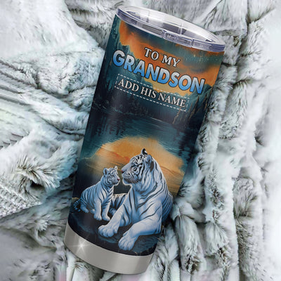 Personalized To My Grandson Gifts From Grandma Grandpa Tumbler Don't Give Up White Tiger Gifts For Grandson Birthday Graduation Christmas Custom Stainless Steel Mug | teecentury