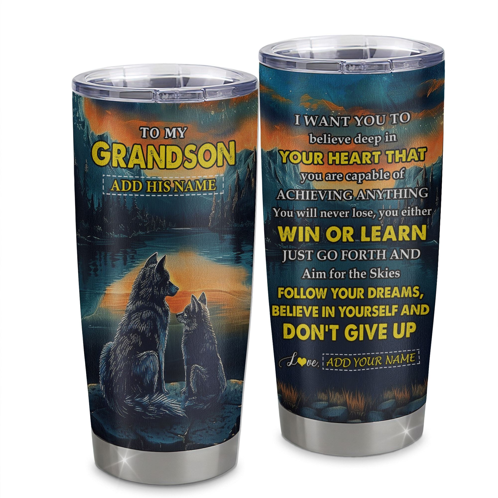 Personalized To My Grandson Gifts From Grandma Grandpa Tumbler Don't Give Up Wolf Gifts For Grandson Birthday Graduation Christmas Custom Cup Travel Mug | teecentury