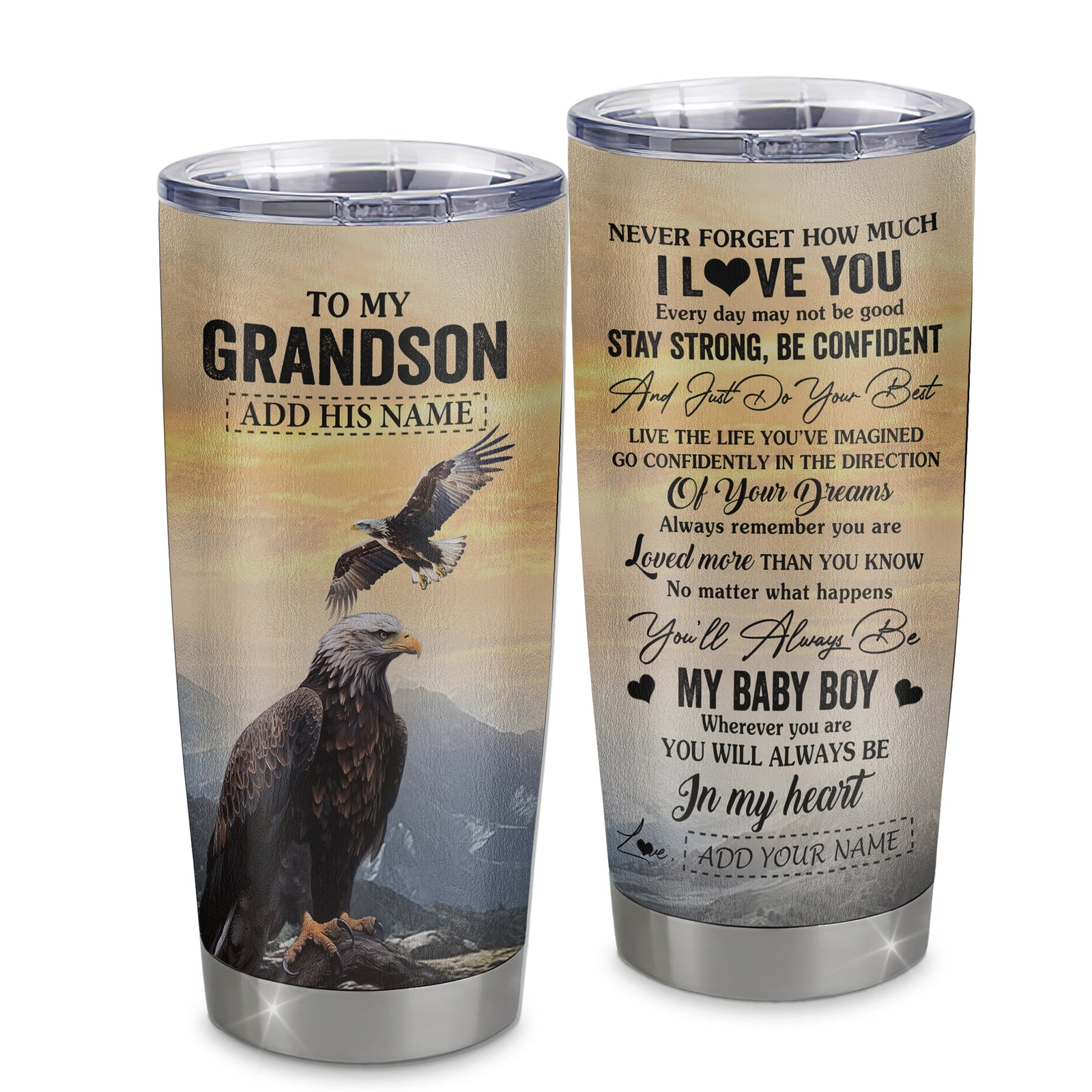 Personalized To My Grandson Gifts From Grandma Grandpa Tumbler Eagle Never Forget How Much I Love You Grandson Birthday Christmas Custom Stainless Steel Cup Travel Mug | teecentury