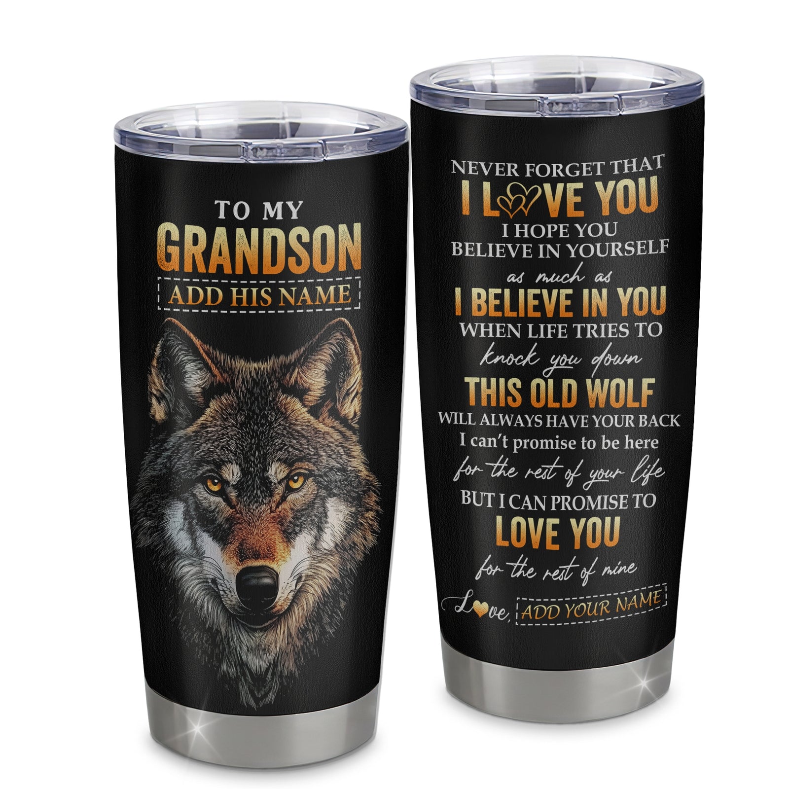 Personalized To My Grandson Gifts From Grandma Grandpa Tumbler Old Wolf Love You Grandson Birthday Gifts Graduation Christmas Custom Stainless Steel Cup Travel Mug | teecentury
