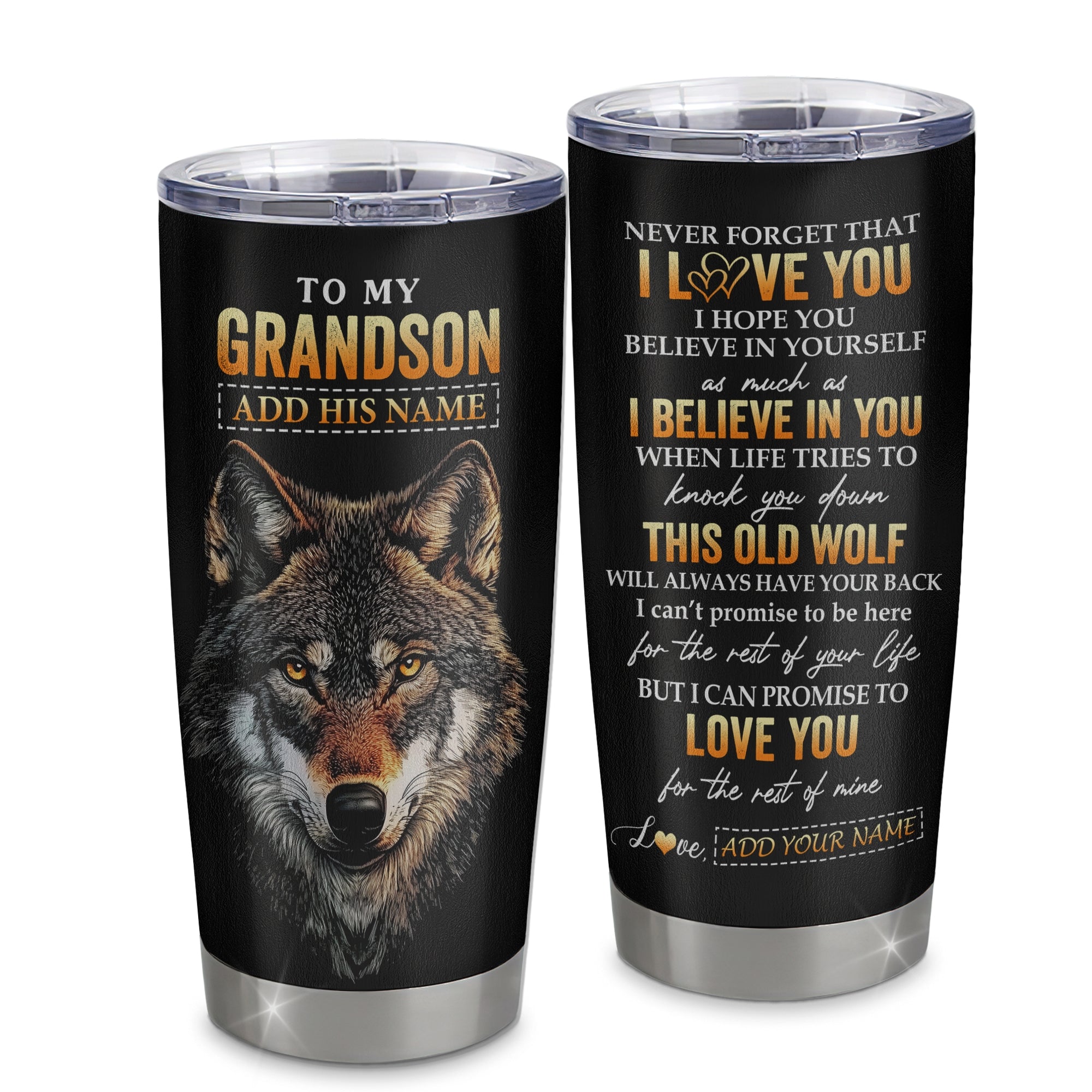 Personalized To My Grandson Gifts From Grandma Grandpa Tumbler Old Wolf Love You Grandson Birthday Gifts Graduation Christmas Custom Stainless Steel Cup Travel Mug | teecentury