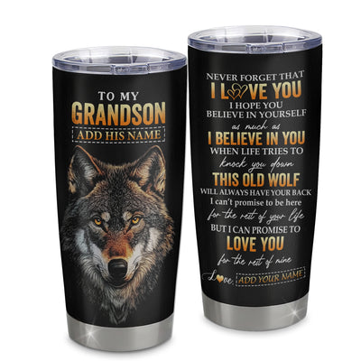 Personalized To My Grandson Gifts From Grandma Grandpa Tumbler Old Wolf Love You Grandson Birthday Gifts Graduation Christmas Custom Stainless Steel Cup Travel Mug | teecentury