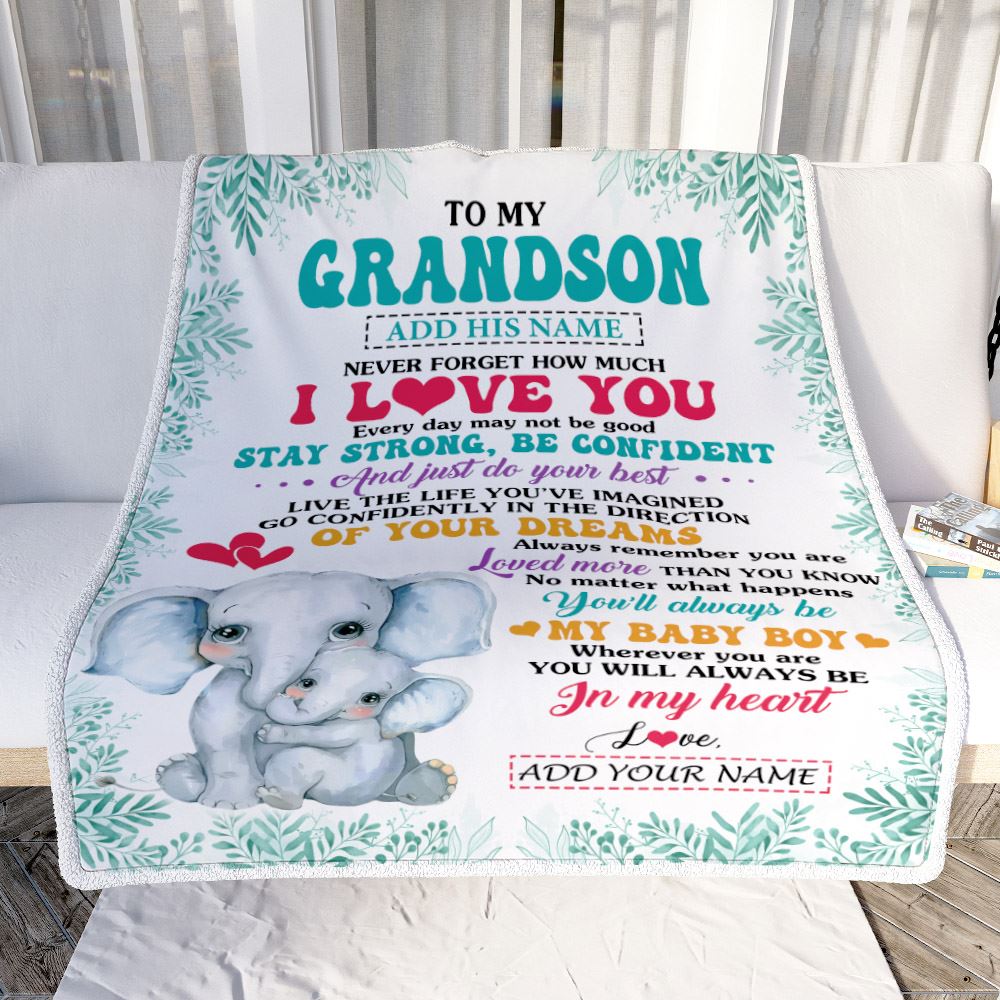 Personalized To My Grandson Gifts From Grandma Nana Blanket Elephant Never Forget How Much I Love You Grandson Birthday Graduation Christmas Fleece Blanket | teecentury