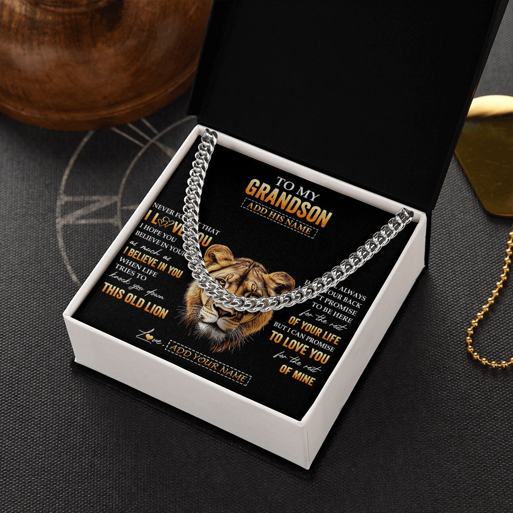 Cuban Link Chain Necklace Stainless Steel | 2 | Personalized To My Grandson Gifts From Grandma Nana Necklace Old Lion Love You Grandson Birthday Gifts Graduation Christmas Custom Gift Box Message Card | teecentury.myshopify