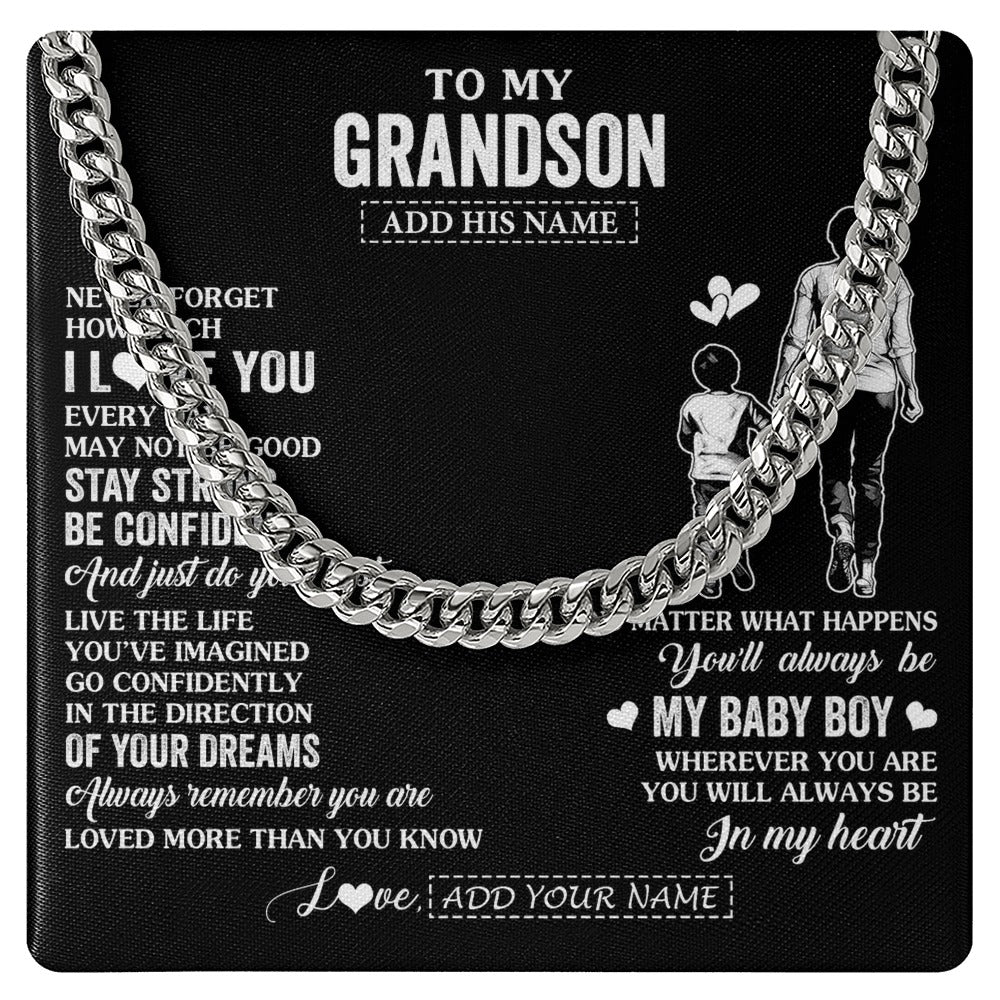 Cuban Link Chain Necklace Stainless Steel | 1 | Personalized To My Grandson Gifts From Grandma Necklace Never Forget How Much I Love You Grandson Birthday Graduation Christmas Custom Gift Box Message Card | https://teecentury.