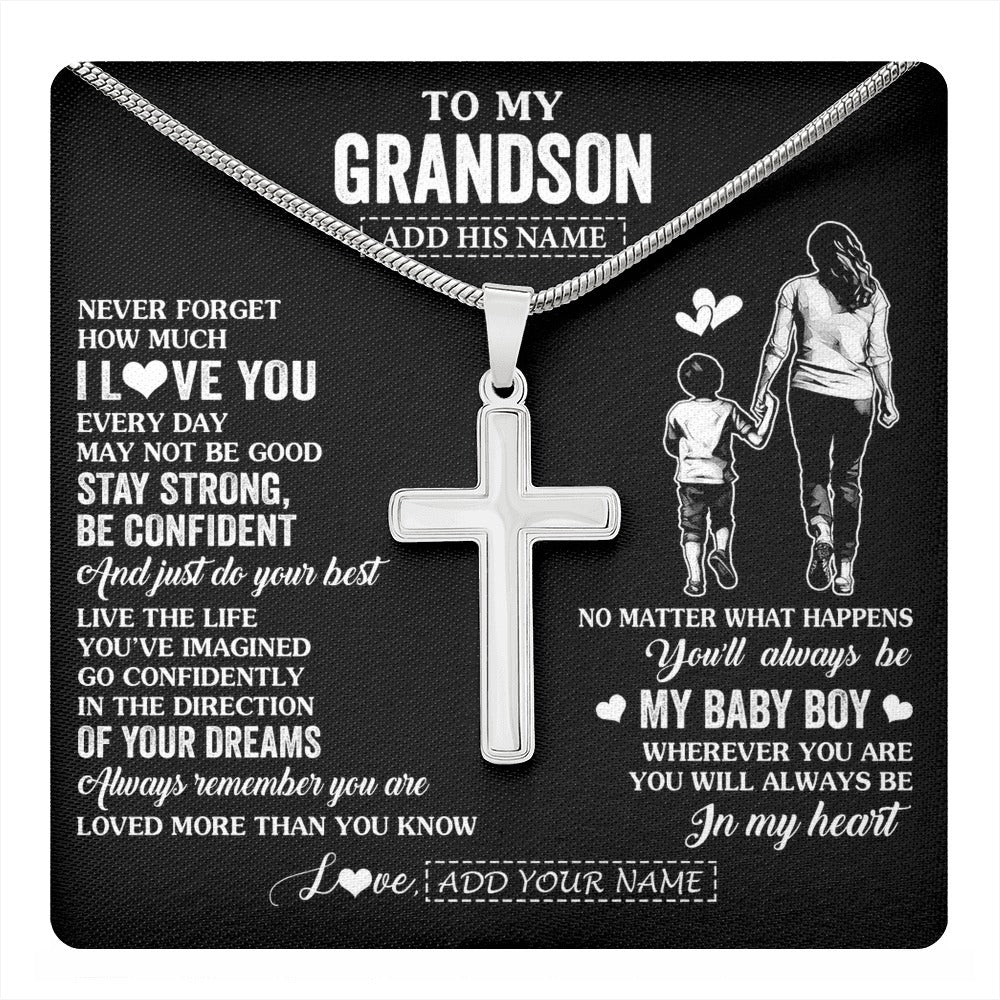 Stainless Cross Necklace Stainless Steel | 1 | Personalized To My Grandson Gifts From Grandma Necklace Never Forget How Much I Love You Grandson Birthday Graduation Christmas Custom Gift Box Message Card | https://teecentury.
