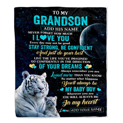Personalized To My Grandson Gifts From Grandma Papa Blanket White Tiger Never Forget How Much I Love You Grandson Birthday Graduation Christmas Fleece Blanket | teecentury