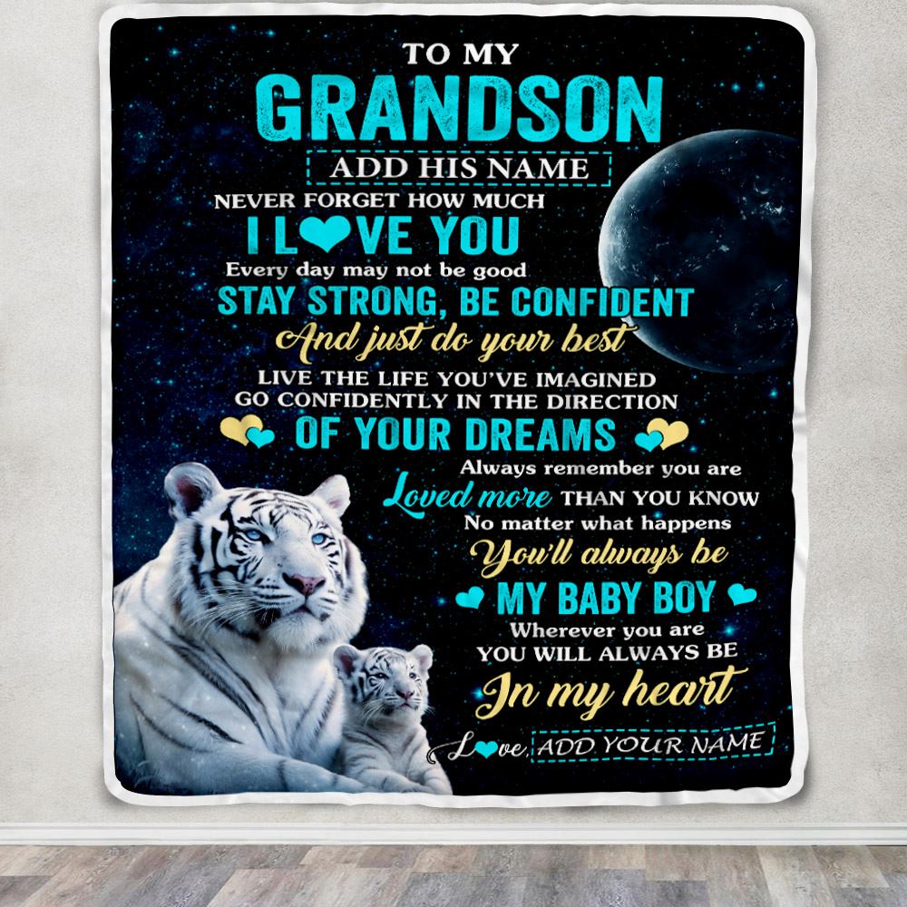 Personalized To My Grandson Gifts From Grandma Papa Blanket White Tiger Never Forget How Much I Love You Grandson Birthday Graduation Christmas Fleece Blanket | teecentury