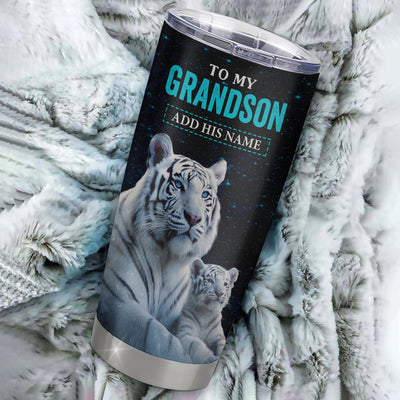 Personalized To My Grandson Gifts From Grandma Tumbler White Tiger Never Forget How Much I Love You Grandson Birthday Graduation Christmas Custom Stainless Steel Mug | teecentury