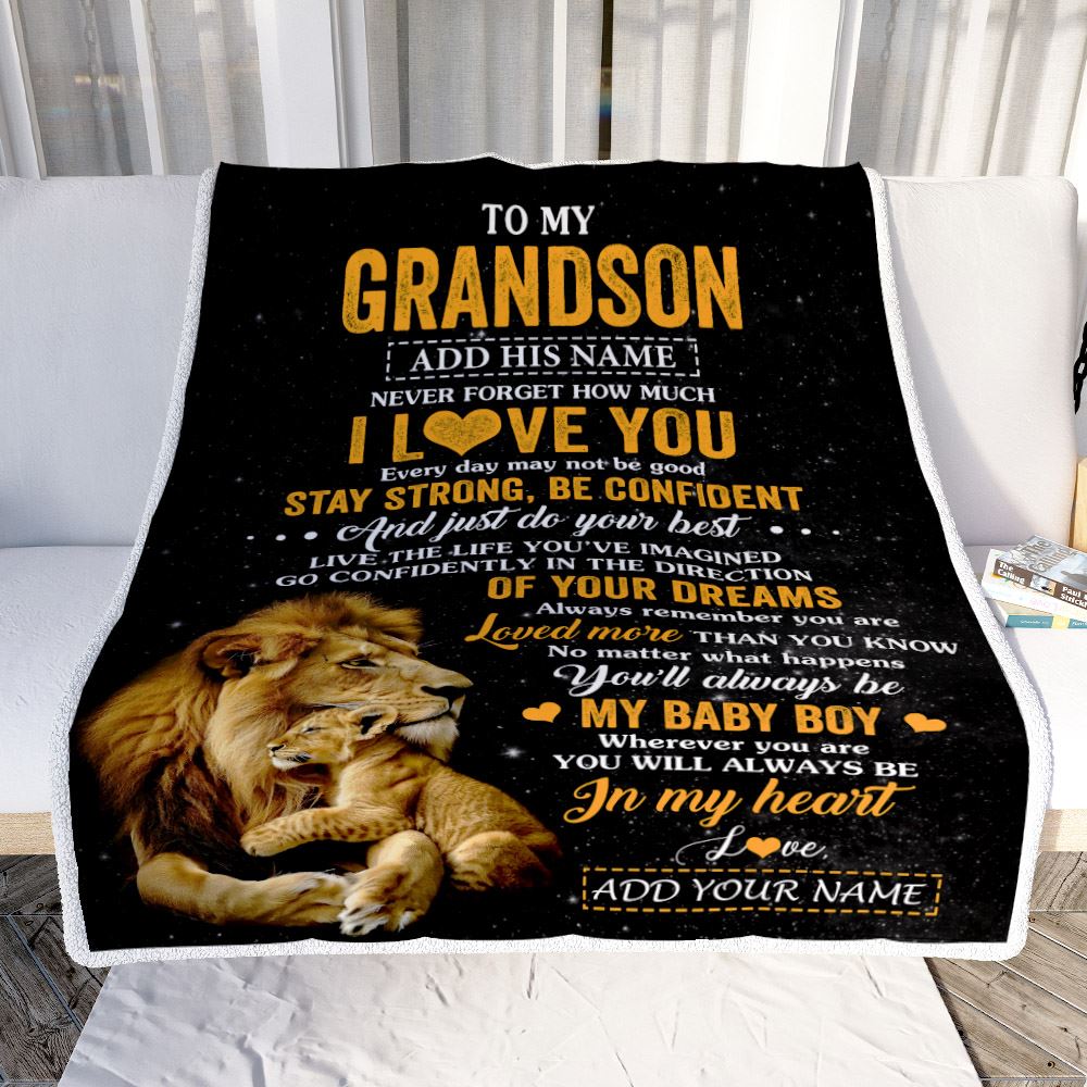 Personalized To My Grandson Gifts From Grandpa Blanket Lion Never Forget How Much I Love You Grandson Birthday Gifts Graduation Christmas Fleece Blanket | teecentury