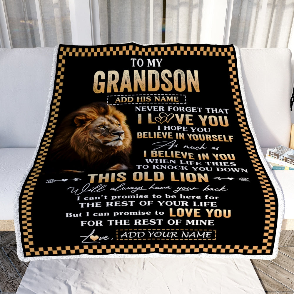 Personalized To My Grandson Gifts From Grandpa Grandma Blanket Old Lion Love You Grandson Birthday Gifts Graduation Christmas Customized Fleece Throw Blanket | teecentury