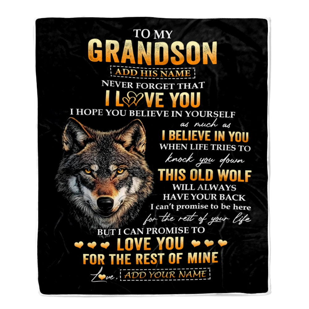 Personalized To My Grandson Gifts From Grandpa Grandma Blanket Old Wolf Love You Grandson Birthday Gifts Graduation Christmas Customized Fleece Throw Blanket | teecentury