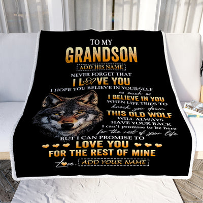 Personalized To My Grandson Gifts From Grandpa Grandma Blanket Old Wolf Love You Grandson Birthday Gifts Graduation Christmas Customized Fleece Throw Blanket | teecentury