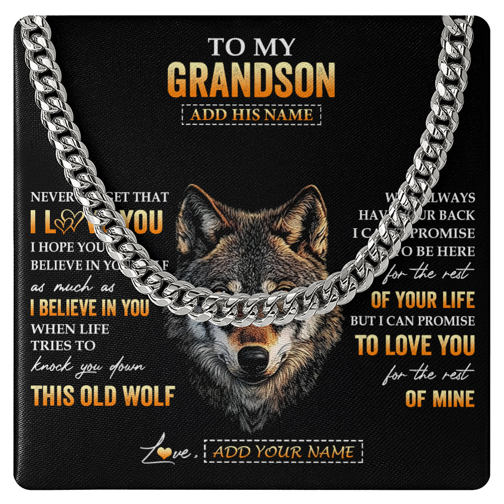 Cuban Link Chain Necklace Stainless Steel | 1 | Personalized To My Grandson Gifts From Grandpa Grandma Necklace Old Wolf Love You Grandson Birthday Gifts Graduation Christmas Custom Gift Box Message Card | teecentury