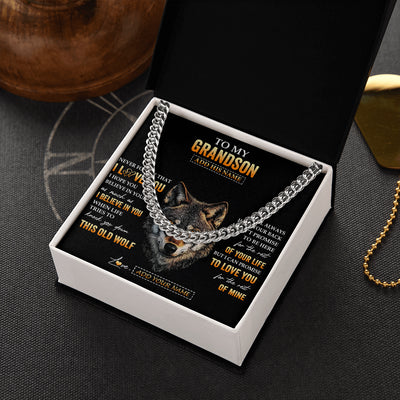 Cuban Link Chain Necklace Stainless Steel | 2 | Personalized To My Grandson Gifts From Grandpa Grandma Necklace Old Wolf Love You Grandson Birthday Gifts Graduation Christmas Custom Gift Box Message Card | teecentury