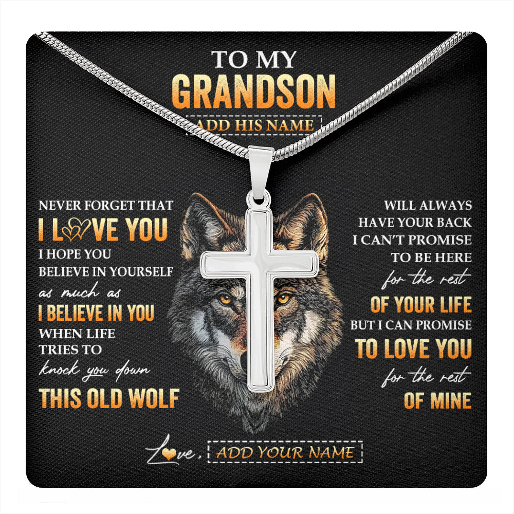 Stainless Cross Necklace Stainless Steel | 1 | Personalized To My Grandson Gifts From Grandpa Grandma Necklace Old Wolf Love You Grandson Birthday Gifts Graduation Christmas Custom Gift Box Message Card | teecentury
