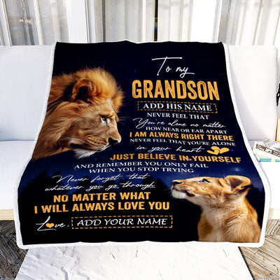 Personalized To My Grandson Gifts From Grandpa Grandparent Blanket Lion Never Feel Alone Birthday Gifts Grandson Graduation Valentines Christmas Fleece Blanket | teecentury