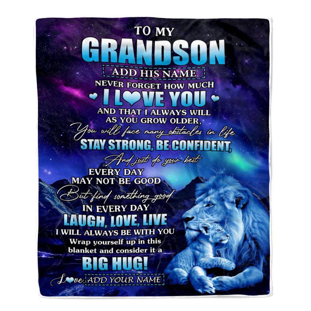 Personalized To My Grandson Gifts From Grandpa Papa Blanket Laught Love Live Lion Great Grandson Birthday Gifts Graduation Christmas Customized Fleece Blanket | teecentury