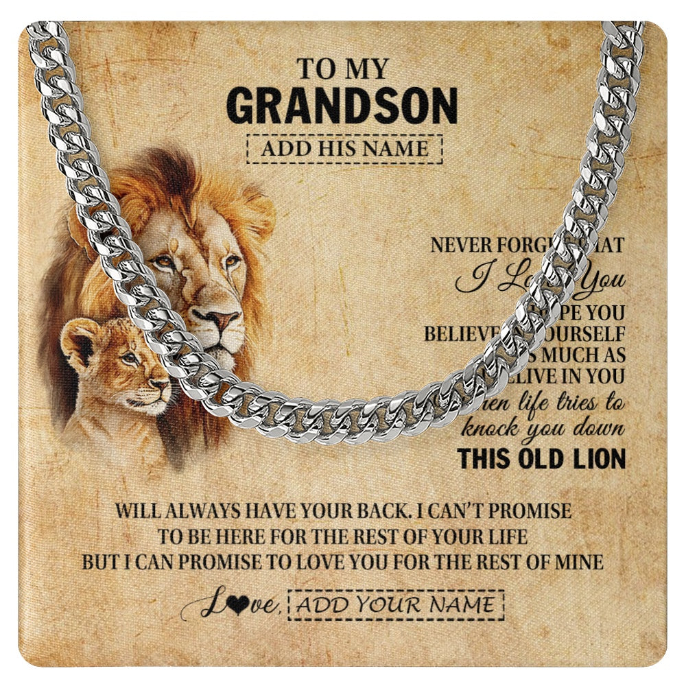 Cuban Link Chain Necklace Stainless Steel | 1 | Personalized To My Grandson Gifts From Grandpa Papa Lion Necklace I Love You Grandson Birthday Gifts Graduation Christmas Customized Gift Box Message Card | teecentury.myshopify