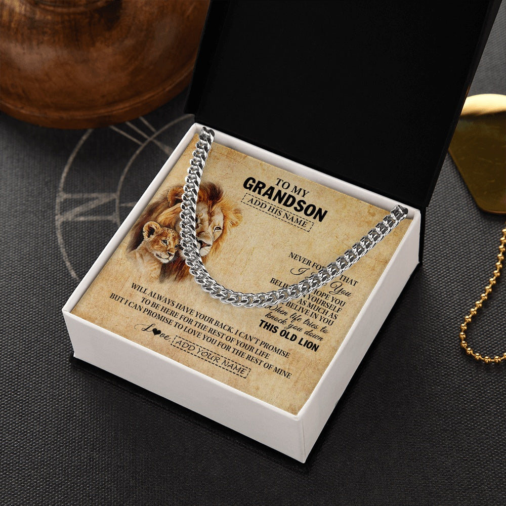 Cuban Link Chain Necklace Stainless Steel | 2 | Personalized To My Grandson Gifts From Grandpa Papa Lion Necklace I Love You Grandson Birthday Gifts Graduation Christmas Customized Gift Box Message Card | teecentury.myshopify