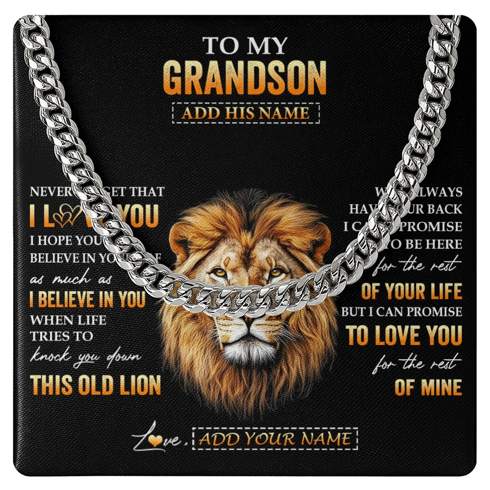 Cuban Link Chain Necklace Stainless Steel | 1 | Personalized To My Grandson Gifts From Grandpa Papa Necklace Old Lion Love You Grandson Birthday Gifts Graduation Christmas Custom Gift Box Message Card | teecentury.myshopify