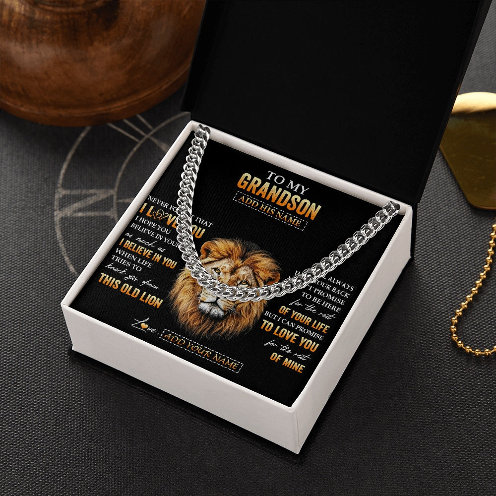 Cuban Link Chain Necklace Stainless Steel | 2 | Personalized To My Grandson Gifts From Grandpa Papa Necklace Old Lion Love You Grandson Birthday Gifts Graduation Christmas Custom Gift Box Message Card | teecentury.myshopify