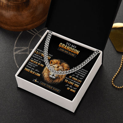 Cuban Link Chain Necklace Stainless Steel | 2 | Personalized To My Grandson Gifts From Grandpa Papa Necklace Old Lion Love You Grandson Birthday Gifts Graduation Christmas Custom Gift Box Message Card | teecentury.myshopify