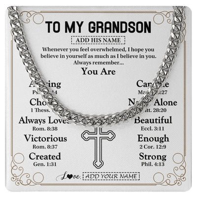 Cuban Link Chain Necklace Stainless Steel | 1 | Personalized To My Grandson Gifts Necklace From Grandma Grandpa Christ Christian Gifts For Grandson Birthday Christmas Graduation Gift Box Message Card | https://teecentury.