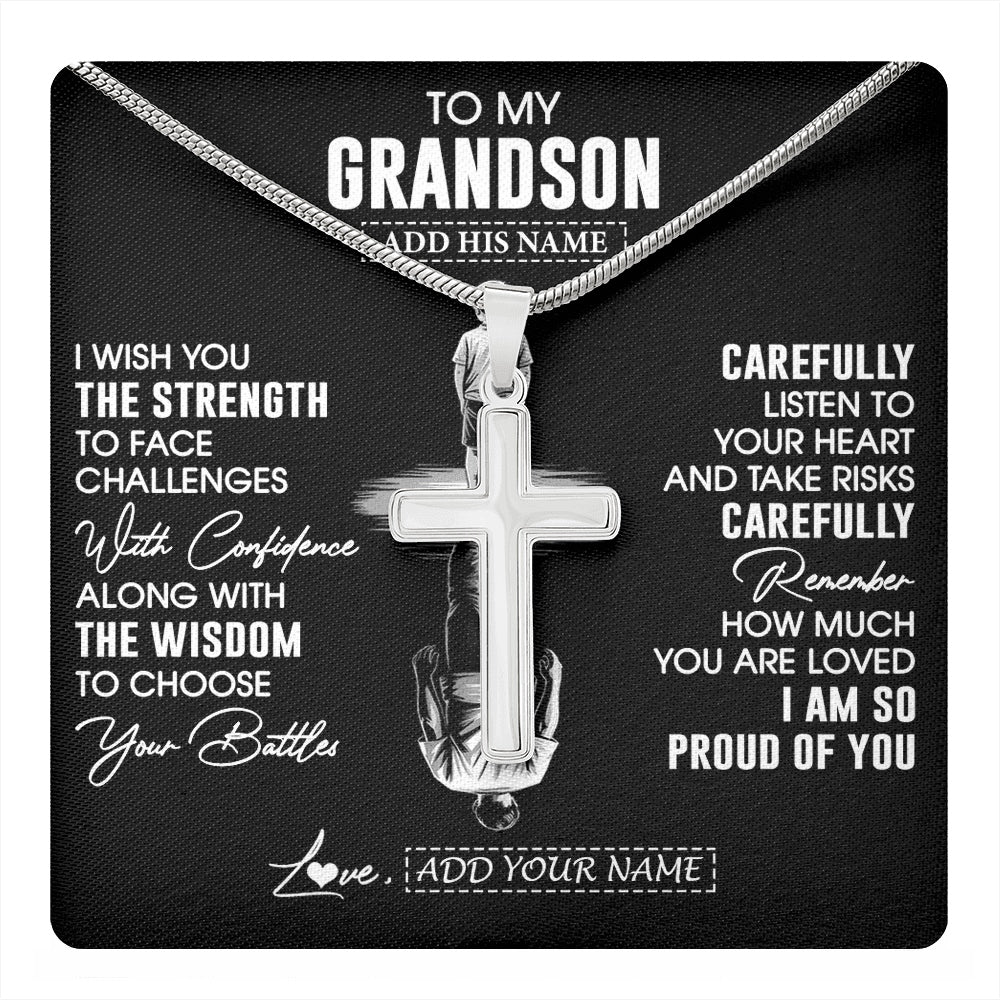 Stainless Cross Necklace Stainless Steel | 1 | Personalized To My Grandson Gifts Necklace From Grandma Grandpa I Wish You The Strength Grandson Birthday Gifts Christmas Graduation Gift Box Message Card | https://teecentury.