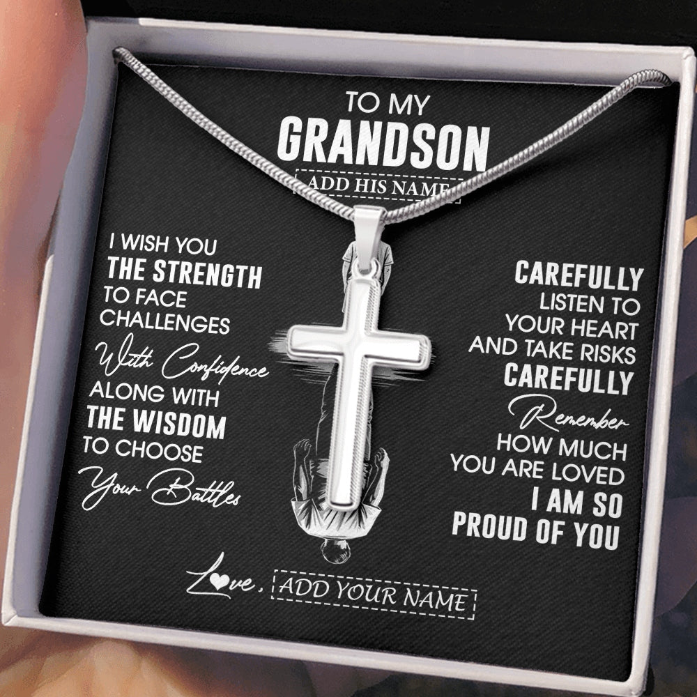 Stainless Cross Necklace Stainless Steel | 2 | Personalized To My Grandson Gifts Necklace From Grandma Grandpa I Wish You The Strength Grandson Birthday Gifts Christmas Graduation Gift Box Message Card | https://teecentury.