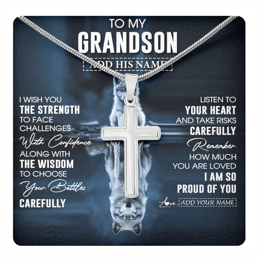 Stainless Cross Necklace Stainless Steel | 1 | Personalized To My Grandson Gifts Necklace From Grandma Grandpa I Wish You The Strength Wolf Grandson Birthday Gifts Christmas Graduation Gift Box Message Card | https://teecentury.