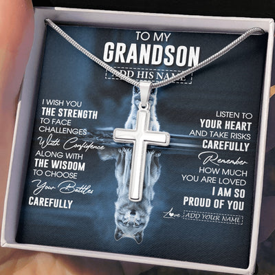 Stainless Cross Necklace Stainless Steel | 2 | Personalized To My Grandson Gifts Necklace From Grandma Grandpa I Wish You The Strength Wolf Grandson Birthday Gifts Christmas Graduation Gift Box Message Card | https://teecentury.