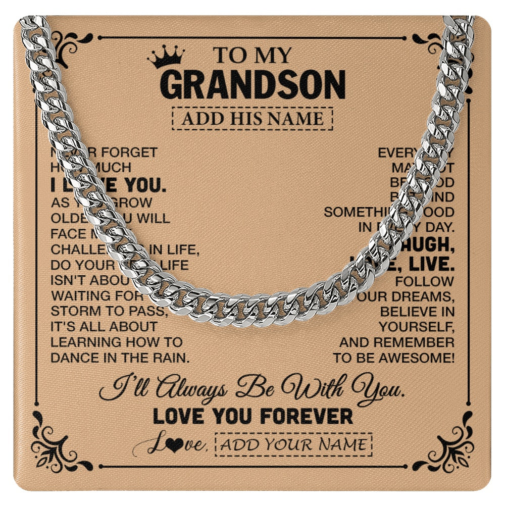 Cuban Link Chain Necklace Stainless Steel | 1 | Personalized To My Grandson Gifts Necklace From Grandma Grandpa Never Forget How Much I Love You Grandson Birthday Gifts Christmas Gift Box Message Card | https://teecentury.