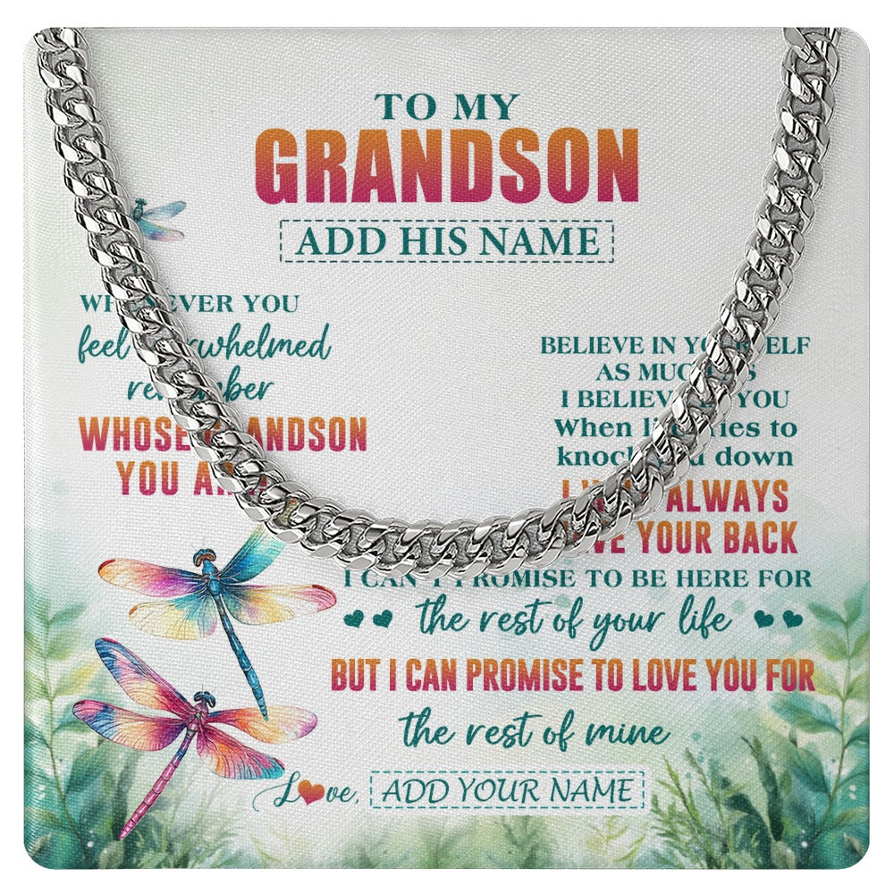 Cuban Link Chain Necklace Stainless Steel | 1 | Personalized To My Grandson Gifts Necklace From Grandma Grandpa Whenever You Feel Dragonfly Grandson Birthday Gifts Graduation Christmas Gift Box Message Card | https://teecentury.
