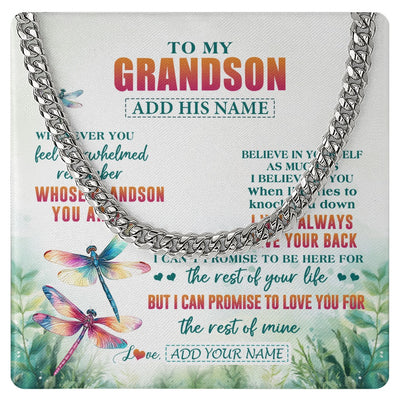 Cuban Link Chain Necklace Stainless Steel | 1 | Personalized To My Grandson Gifts Necklace From Grandma Grandpa Whenever You Feel Dragonfly Grandson Birthday Gifts Graduation Christmas Gift Box Message Card | https://teecentury.