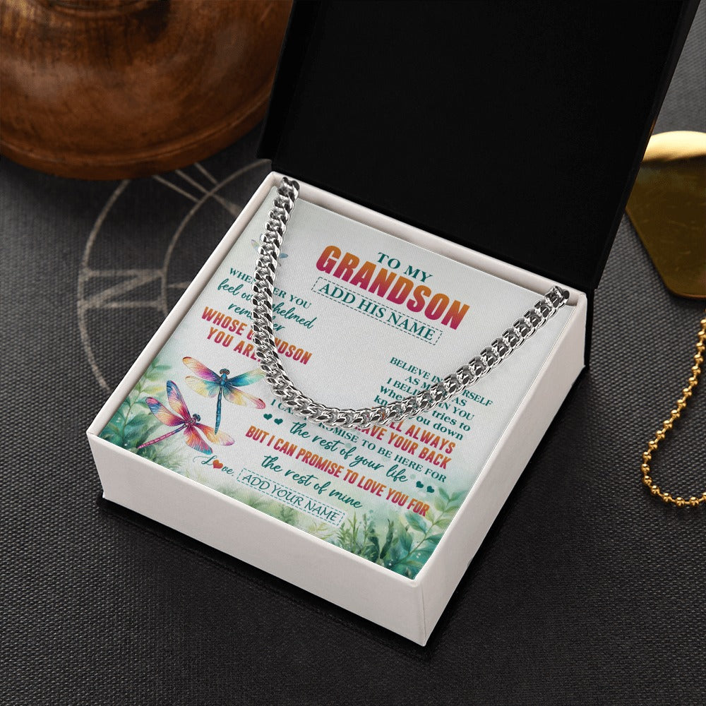 Cuban Link Chain Necklace Stainless Steel | 2 | Personalized To My Grandson Gifts Necklace From Grandma Grandpa Whenever You Feel Dragonfly Grandson Birthday Gifts Graduation Christmas Gift Box Message Card | https://teecentury.