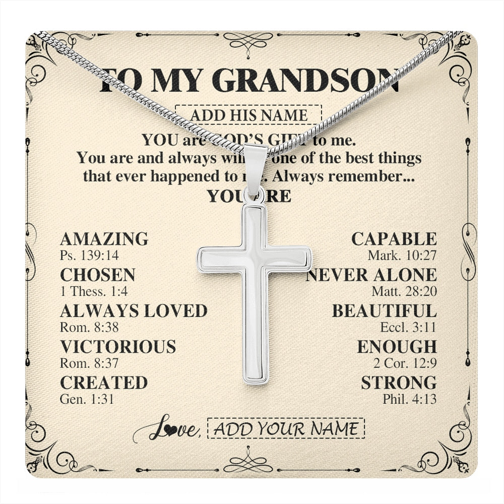 Stainless Cross Necklace Stainless Steel | 1 | Personalized To My Grandson Gifts Necklace From Grandma Grandpa You Are God's Gift To Me Grandson Birthday Gifts Christmas Christian Gift Box Message Card | https://teecentury.