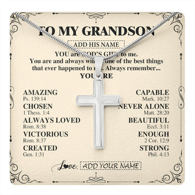 Stainless Cross Necklace Stainless Steel | 1 | Personalized To My Grandson Gifts Necklace From Grandma Grandpa You Are God's Gift To Me Grandson Birthday Gifts Christmas Christian Gift Box Message Card | https://teecentury.