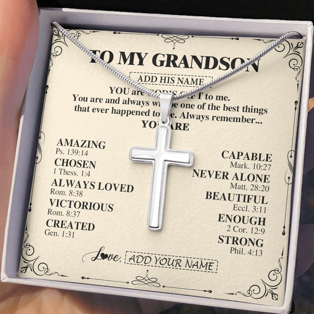 Stainless Cross Necklace Stainless Steel | 2 | Personalized To My Grandson Gifts Necklace From Grandma Grandpa You Are God's Gift To Me Grandson Birthday Gifts Christmas Christian Gift Box Message Card | https://teecentury.