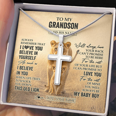 Stainless Cross Necklace Stainless Steel | 2 | Personalized To My Grandson Gifts Necklace From Grandma Nana Always Remember Lion Gifts For Grandson Birthday Graduation Christmas Custom Gift Box Message Card | https://teecentury.