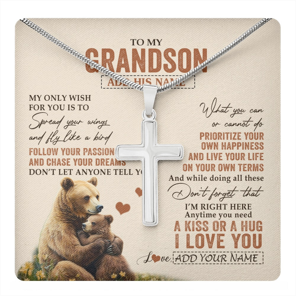 Stainless Cross Necklace Stainless Steel | 1 | Personalized To My Grandson Gifts Necklace From Grandma Papa Bear My Only Wish For You Grandson Birthday Gifts Graduation Christmas Gift Box Message Card | teecentury.myshopify