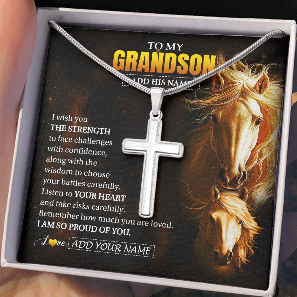 Stainless Cross Necklace Stainless Steel | 2 | Personalized To My Grandson Gifts Necklace From Grandma Papa I Wish You The Strength Horse Grandson Birthday Gifts Christmas Graduation Gift Box Message Card | https://teecentury.