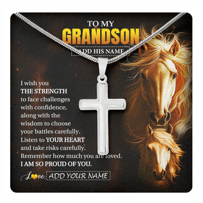 Stainless Cross Necklace Stainless Steel | 1 | Personalized To My Grandson Gifts Necklace From Grandma Papa I Wish You The Strength Horse Grandson Birthday Gifts Christmas Graduation Gift Box Message Card | https://teecentury.