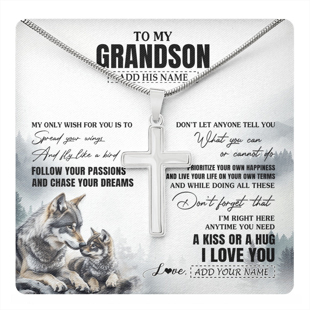 Stainless Cross Necklace Stainless Steel | 1 | Personalized To My Grandson Gifts Necklace From Grandma Papa Wolf My Only Wish For You Grandson Birthday Gifts Graduation Christmas Gift Box Message Card | https://teecentury.