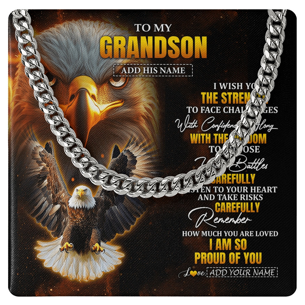 Cuban Link Chain Necklace Stainless Steel | 1 | Personalized To My Grandson Gifts Necklace From Grandpa I Wish You The Strength Eagle Grandson Birthday Gifts Christmas Graduation Custom Gift Box Message Card | https://teecentury.