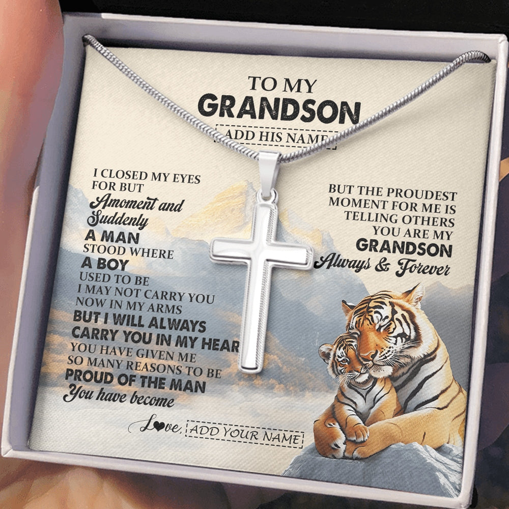 Stainless Cross Necklace Stainless Steel | 2 | Personalized To My Grandson Gifts Necklace Tiger From Grandma Grandpa You Are My Grandson Birthday Gifts Graduation Christmas Custom Gift Box Message Card | https://teecentury.