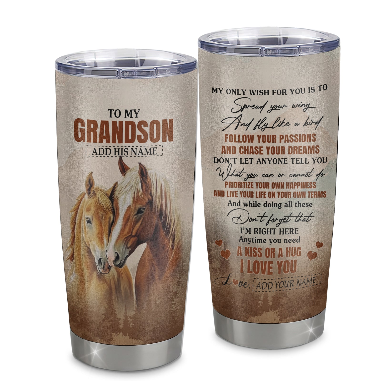 Personalized To My Grandson Gifts Tumbler From Grandma Grandpa Horse My Only Wish For You Grandson Birthday Gifts Graduation Christmas Custom Stainless Steel Mug | teecentury