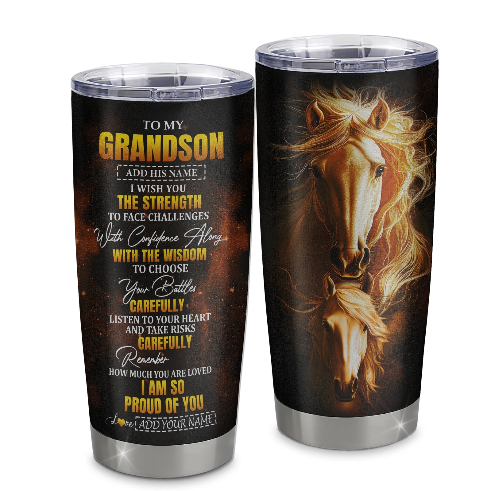 Personalized To My Grandson Gifts Tumbler From Grandma Grandpa I Wish You The Strength Horse Grandson Birthday Gifts Christmas Graduation Custom Stainless Steel Mug | teecentury
