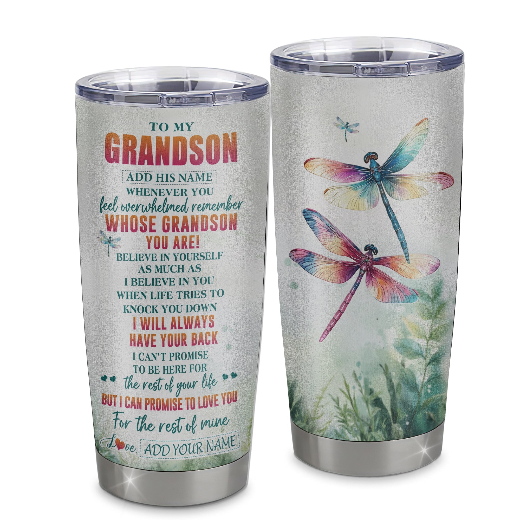Personalized To My Grandson Gifts Tumbler From Grandma Grandpa Whenever You Feel Dragonfly Grandson Birthday Gifts Graduation Christmas Stainless Steel Travel Mug | teecentury